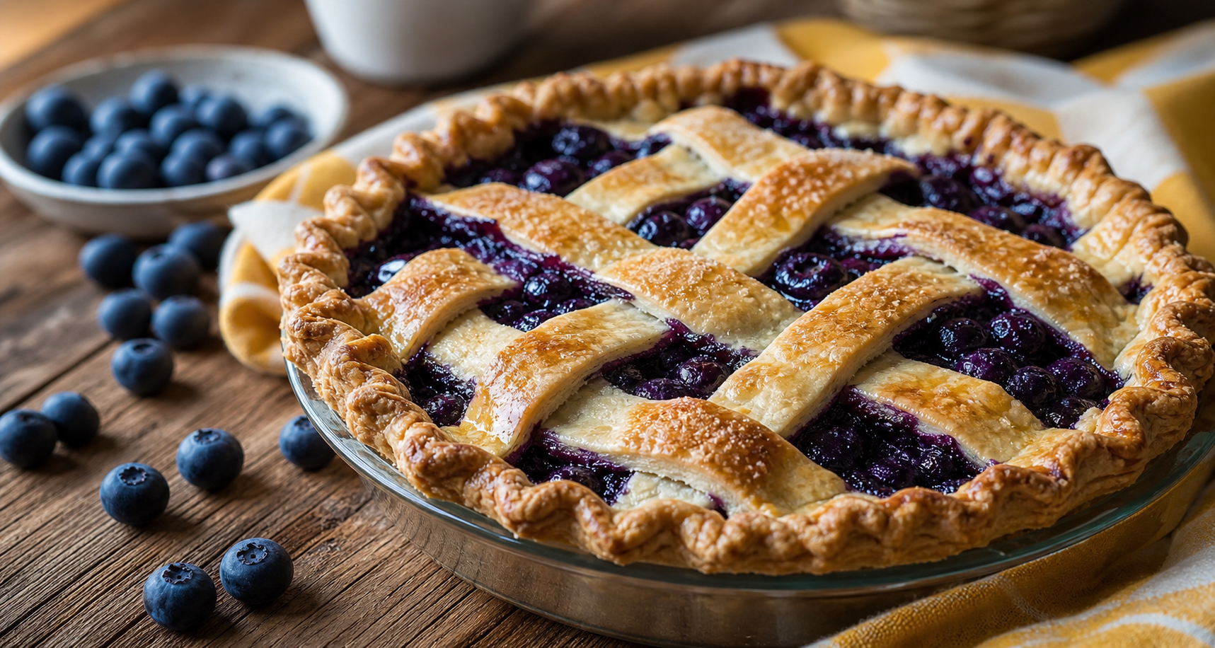 Fresh homemade blueberry pie with a golden lattice crust