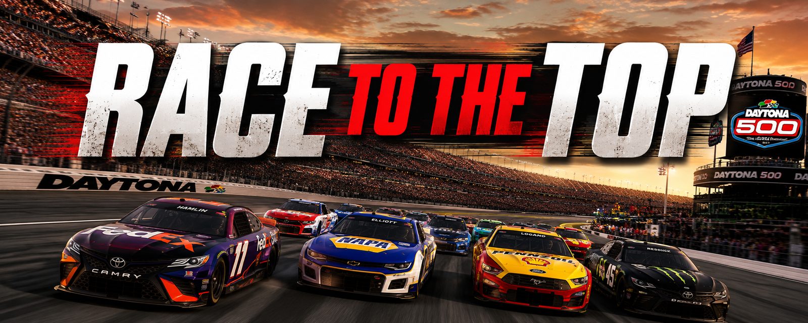 Daytona 500 race cars on the track with Race to the Top headline